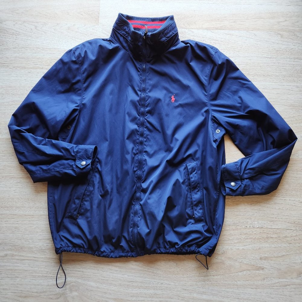 Polo Ralph Lauren Windbreaker Hooded Jacket Rip-Knit Collar Vented Zip-Up Navy